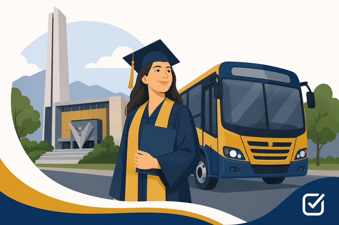Joven se gradúa de la UANL y posa con el camión que la llevó a la universidad