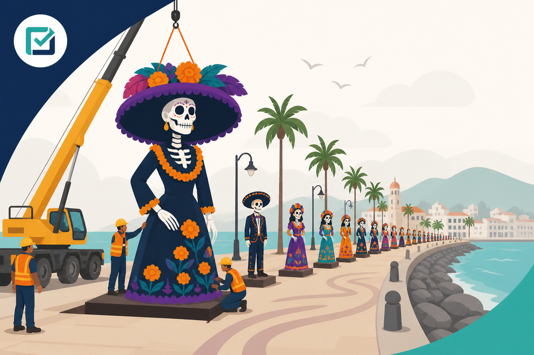 Inicia instalación de monumental Catrina y 50 figuras en Malecón de Vallarta
