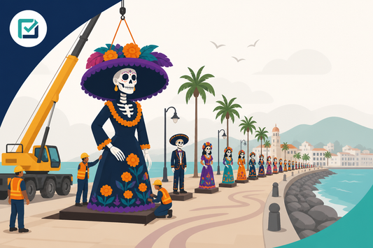 Inicia instalación de monumental Catrina y 50 figuras en Malecón de Vallarta