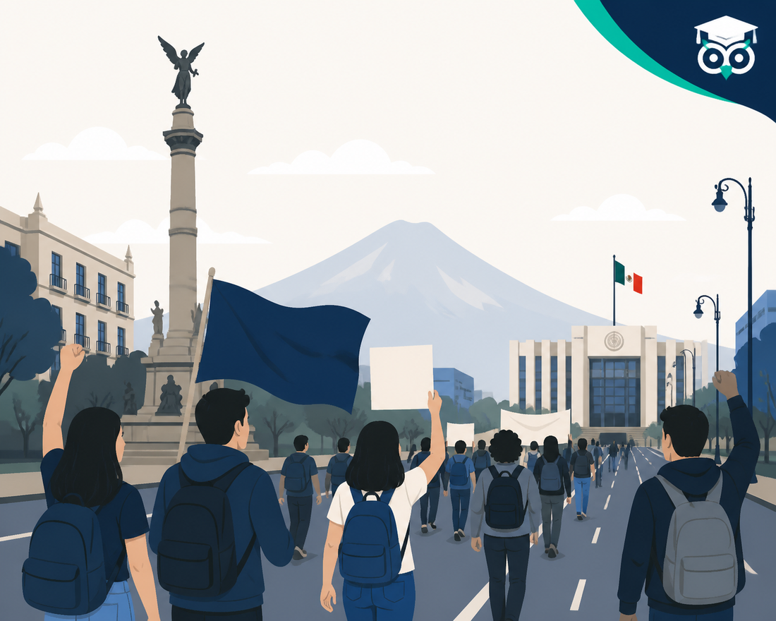 Estudiantes de la BUAP marchan sobre bulevar 5 de Mayo hacia la FGE para conmemorar el 2 de octubre