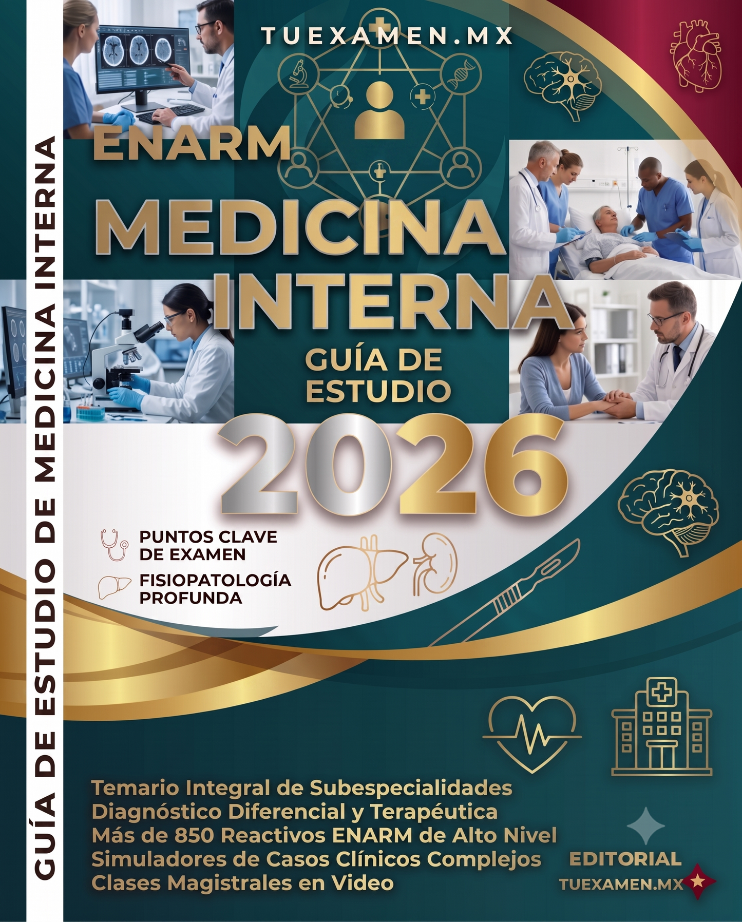 Estudiante preparando el examen ENARM en Medicina Interna con libros y recursos médicos.